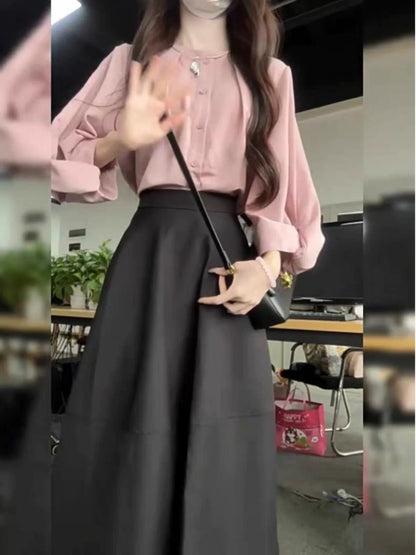 French temperament early spring outfit a complete set of pink puff sleeve design shirt top skirt two-piece suit