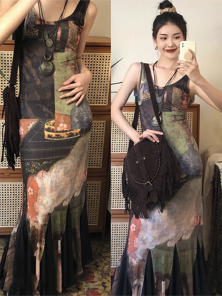 MOXI new Chinese style vintage dress stretch niche design slim printed long suspender dress