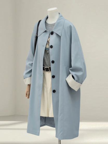 Sky blue Korean style simple contrast color windbreaker female 2025 autumn new loose casual mid-length coat jacket