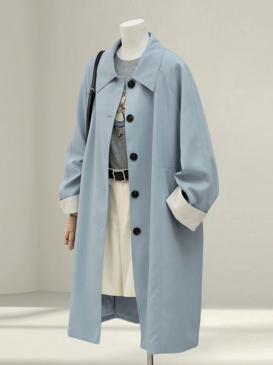 Sky blue Korean style simple contrast color windbreaker female 2025 autumn new loose casual mid-length coat jacket