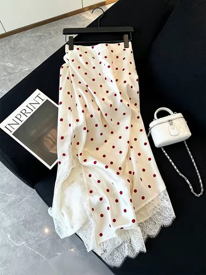 Lace-trimmed white polka dot midi skirt for women, 2026 new style, high-end and beautiful design, fashionable A-line skirt.