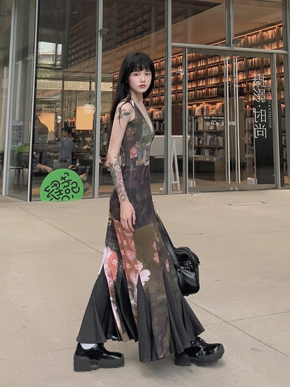 MOXI new Chinese style vintage dress stretch niche design slim printed long suspender dress