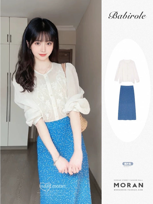 Korean style temperament age-reducing spring outfit two-piece suit embroidered high-end white long-sleeved shirt polka dot maxi skirt