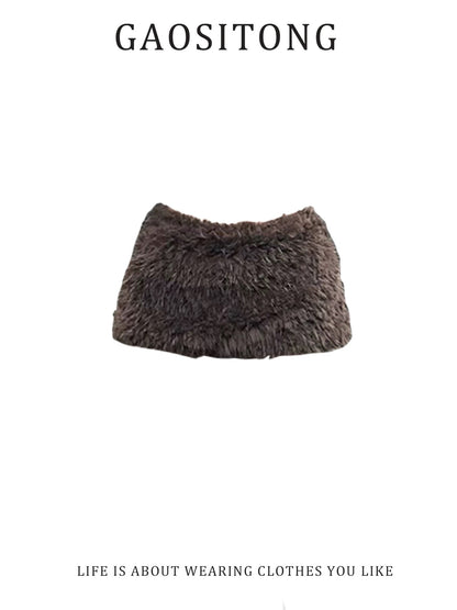GAOSITONG American-style sexy girl mesh patchwork fishbone top women's winter 2025 retro fur bodycon skirt set
