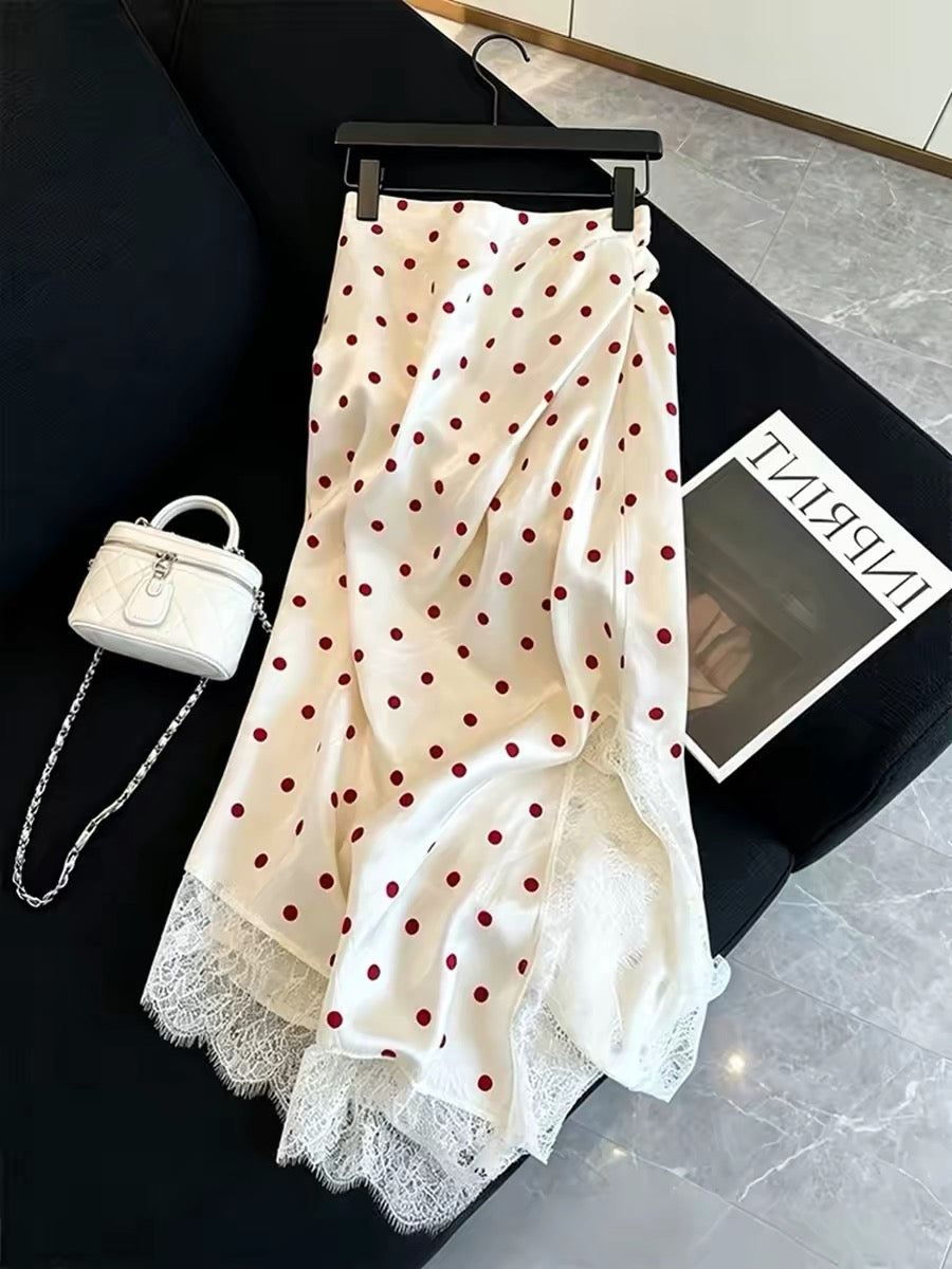 Lace-trimmed white polka dot midi skirt for women, 2026 new style, high-end and beautiful design, fashionable A-line skirt.