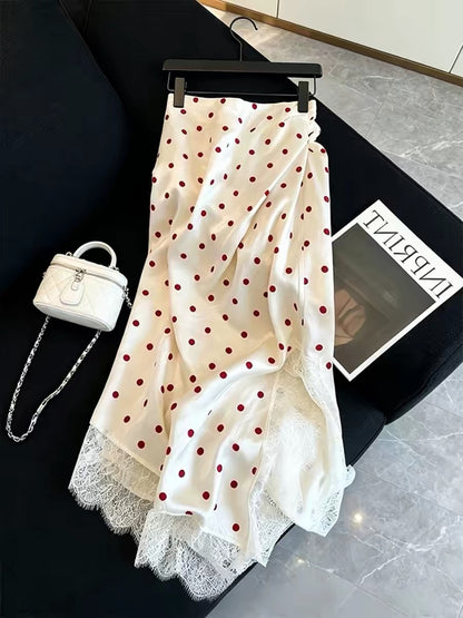 Lace-trimmed white polka dot midi skirt for women, 2026 new style, high-end and beautiful design, fashionable A-line skirt.