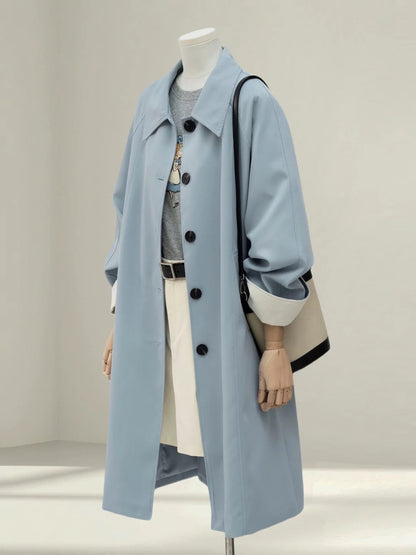 Sky blue Korean style simple contrast color windbreaker female 2025 autumn new loose casual mid-length coat jacket