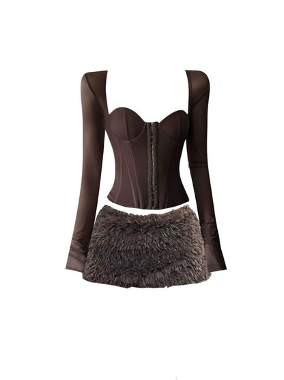 GAOSITONG American-style sexy girl mesh patchwork fishbone top women's winter 2025 retro fur bodycon skirt set