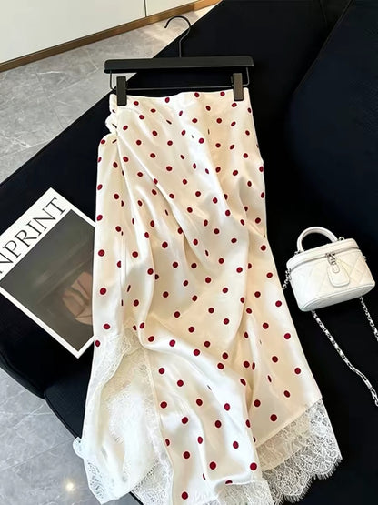 Lace-trimmed white polka dot midi skirt for women, 2026 new style, high-end and beautiful design, fashionable A-line skirt.
