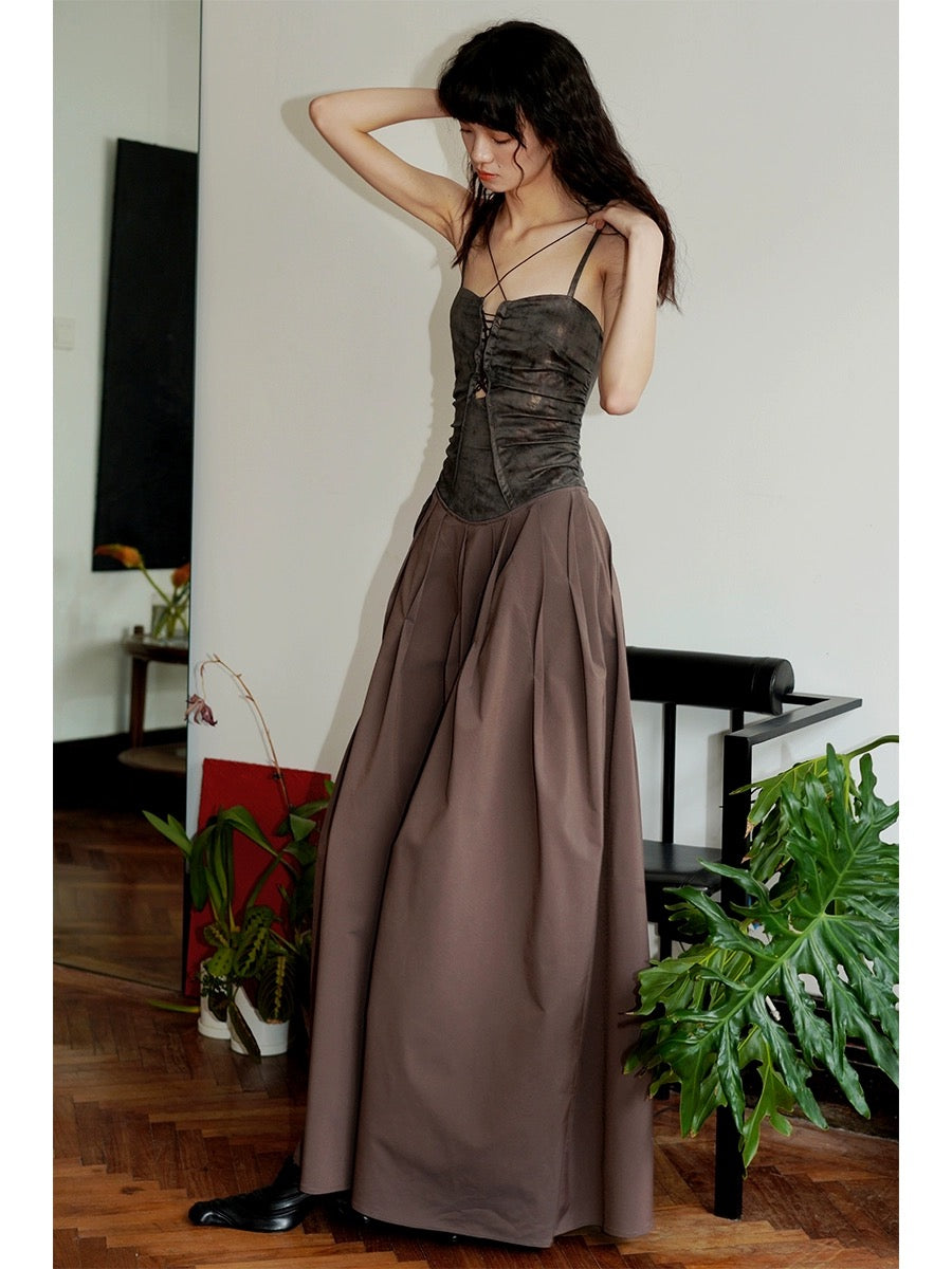 Bad Taste Western Polarized Imitation Leather Splicing Design Hollow Suspender Long Dress Summer Spot