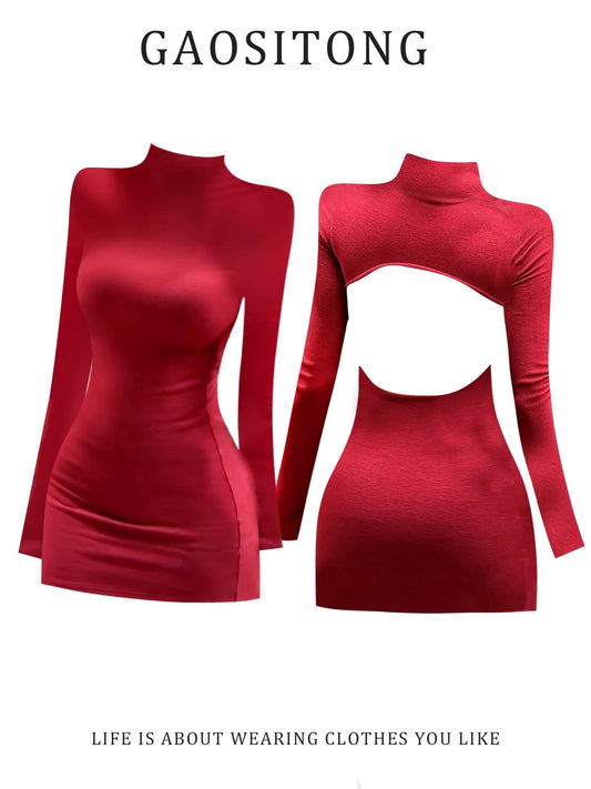 GAOSITONG Sexy Hot Girl High-Neck Long-Sleeve Dress Women's Autumn/Winter 2025 Backless Slim Fit Bodycon Dress