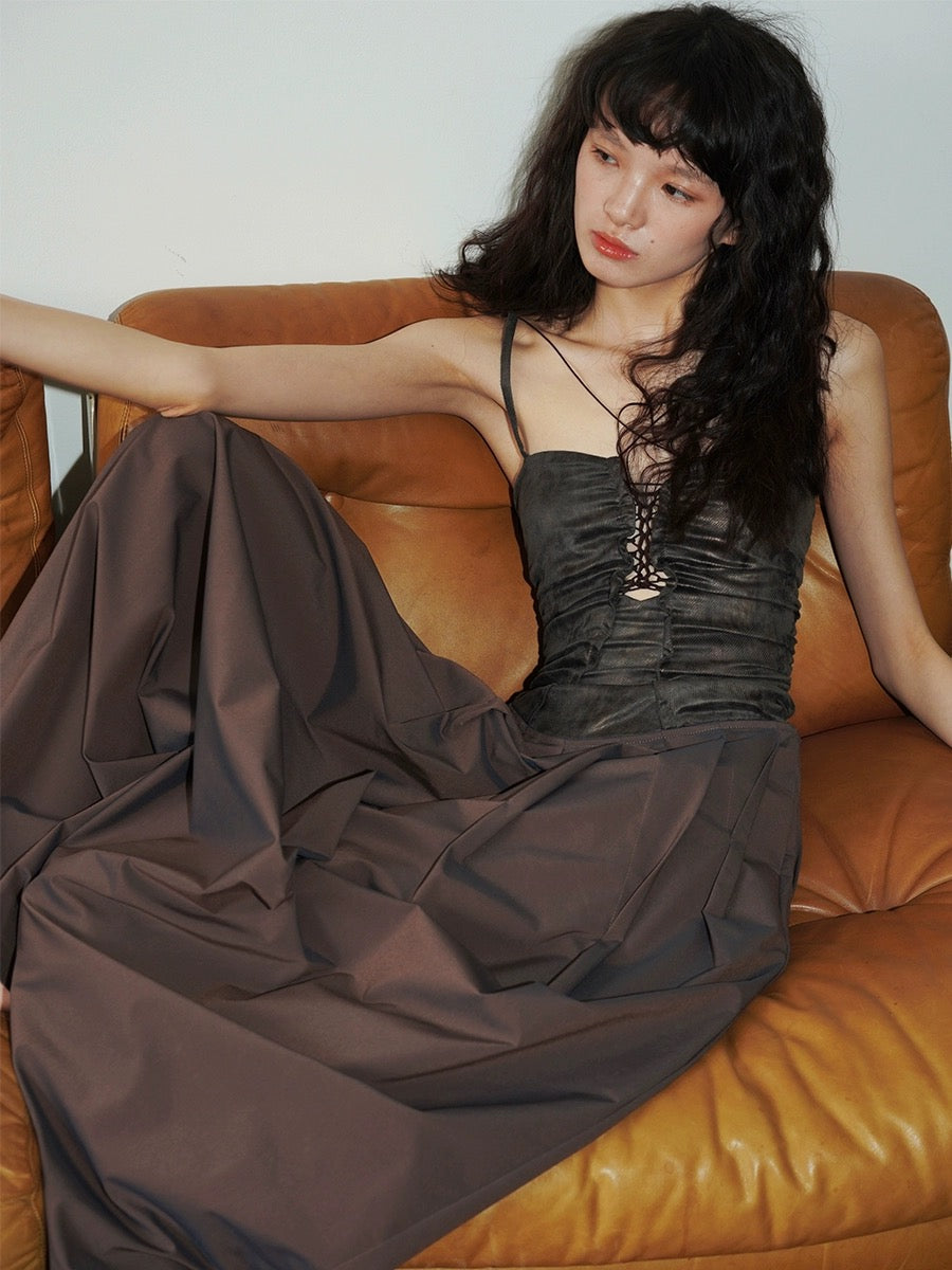 Bad Taste Western Polarized Imitation Leather Splicing Design Hollow Suspender Long Dress Summer Spot