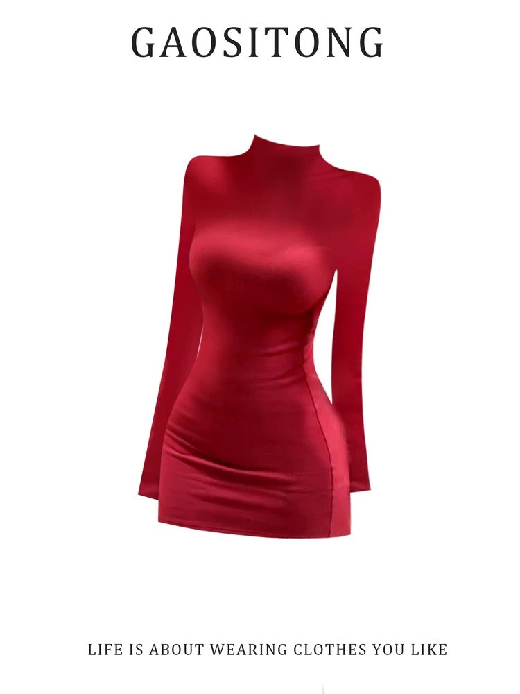 GAOSITONG Sexy Hot Girl High-Neck Long-Sleeve Dress Women's Autumn/Winter 2025 Backless Slim Fit Bodycon Dress