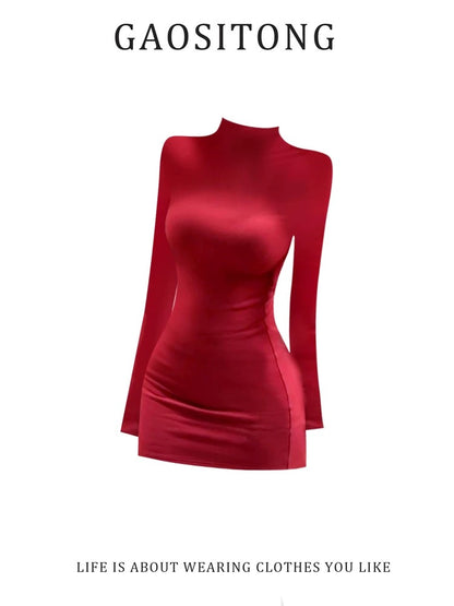 GAOSITONG Sexy Hot Girl High-Neck Long-Sleeve Dress Women's Autumn/Winter 2025 Backless Slim Fit Bodycon Dress