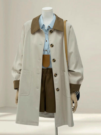 High-end contrast color trench coat for women 2025 autumn new Korean style super beautiful simple mid-length temperament coat
