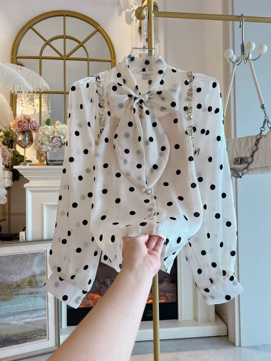 Women's Two-Piece Set (Fall 2026): Heavy-Craftsmanship Rhinestone-Embellished Polka-Dot Satin Bow Blouse & Camisole