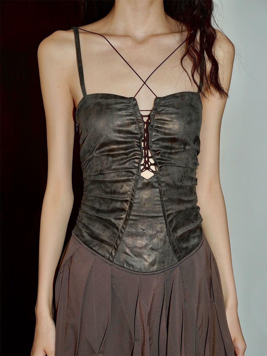 Bad Taste Western Polarized Imitation Leather Splicing Design Hollow Suspender Long Dress Summer Spot