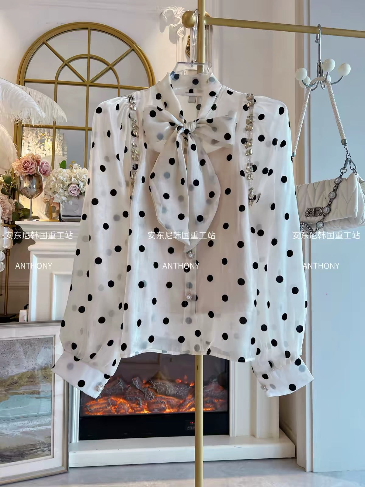 Women's Two-Piece Set (Fall 2026): Heavy-Craftsmanship Rhinestone-Embellished Polka-Dot Satin Bow Blouse & Camisole