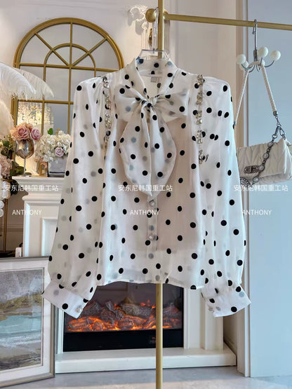 Women's Two-Piece Set (Fall 2026): Heavy-Craftsmanship Rhinestone-Embellished Polka-Dot Satin Bow Blouse & Camisole