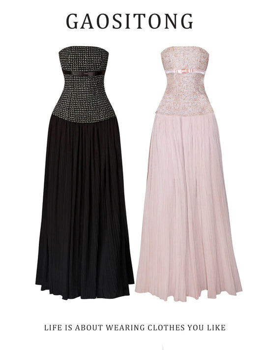 GAOSITONG French Retro Chanel-Style Strapless Dress for Women, Autumn/Winter 2025, Elegant and Slim Fit Evening Dress