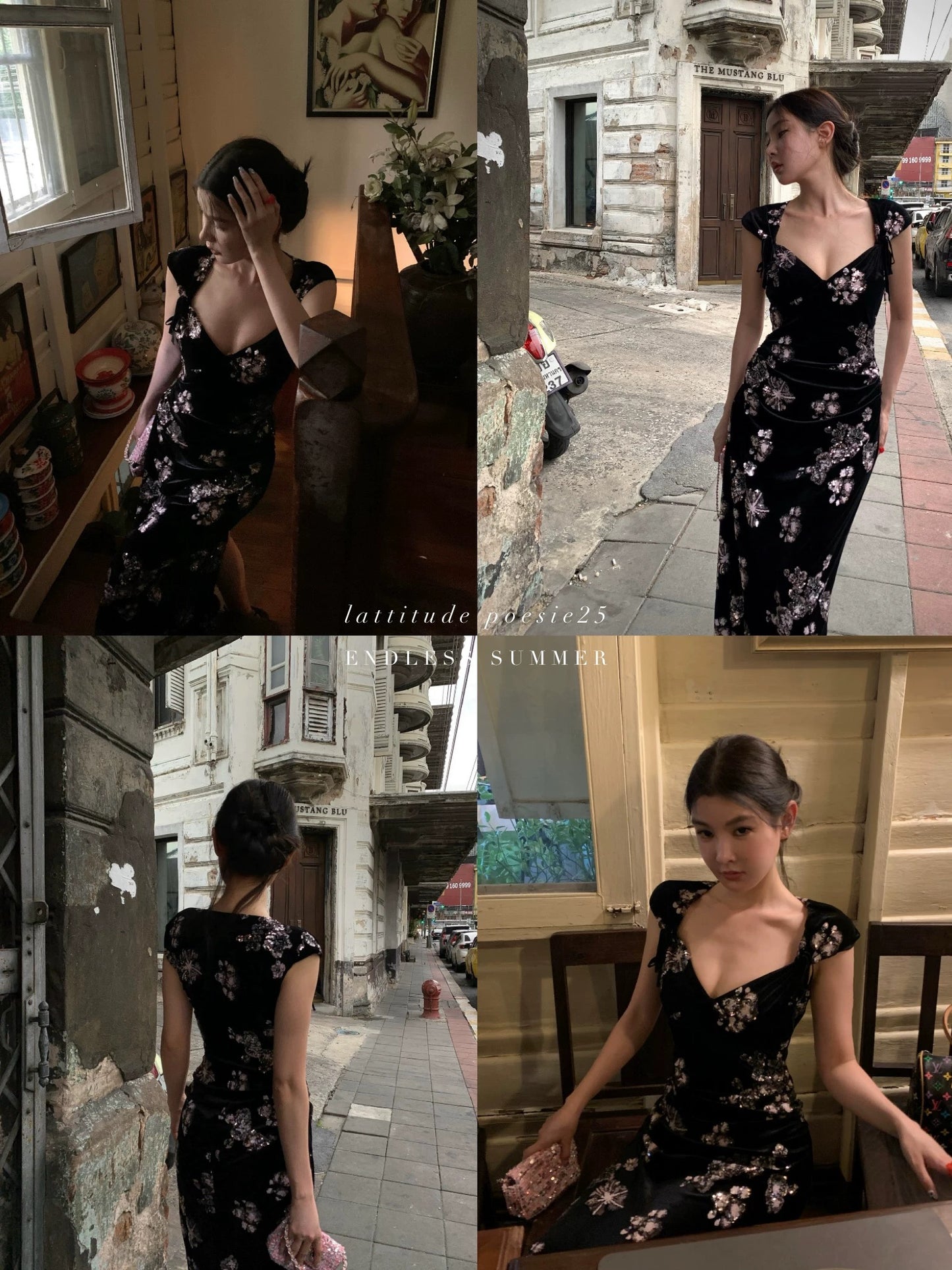 Lattitude/Yang Xiaolu Yeying Heavy sequin embroidery waist hip black velvet long dress for women