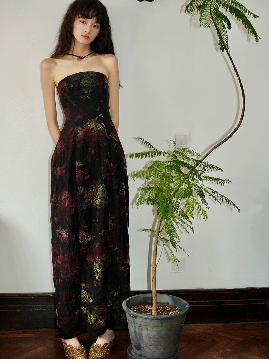 Bad Taste Western New Chinese Tencel Flocked Halter Retro Floral Suspender Dress in Stock