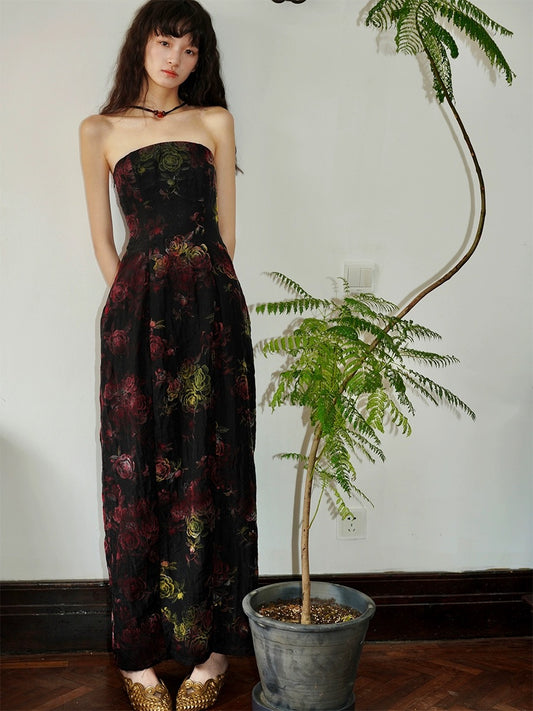 Bad Taste Western New Chinese Tencel Flocked Halter Retro Floral Suspender Dress in Stock