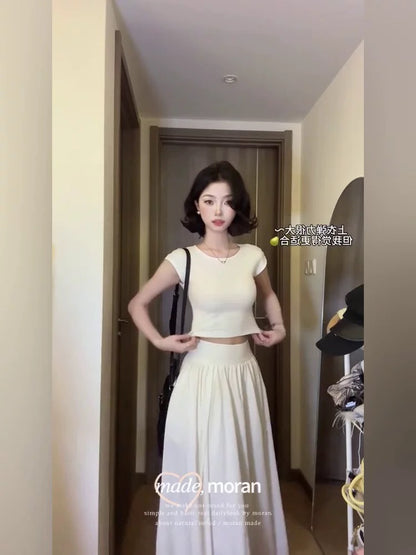 American salty hottie summer outfit a complete set of white short T-shirt top half-length skirt casual two-piece suit