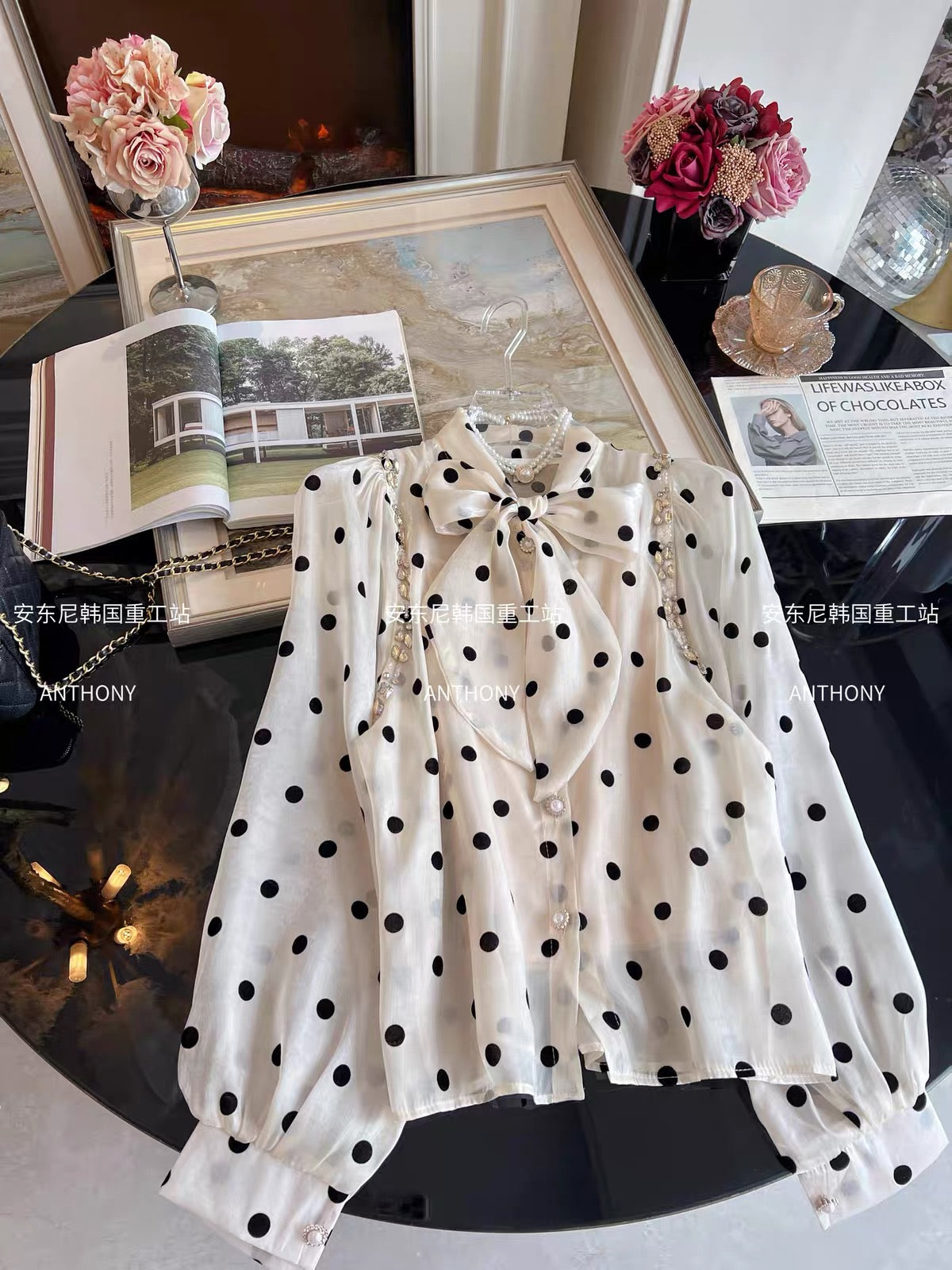 Women's Two-Piece Set (Fall 2026): Heavy-Craftsmanship Rhinestone-Embellished Polka-Dot Satin Bow Blouse & Camisole