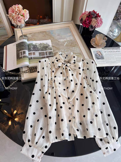 Women's Two-Piece Set (Fall 2026): Heavy-Craftsmanship Rhinestone-Embellished Polka-Dot Satin Bow Blouse & Camisole