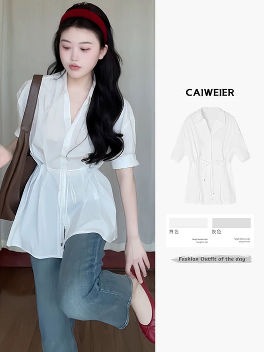 White tie waist design mid-length short-sleeved shirt blouse women's summer niche unique tops