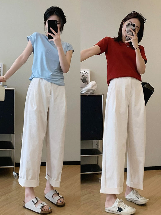 Dading homemade origami pants! Slightly wrinkled paper-like crotch-covering straight pants for women, summer loose casual pants, slimming wide-leg pants