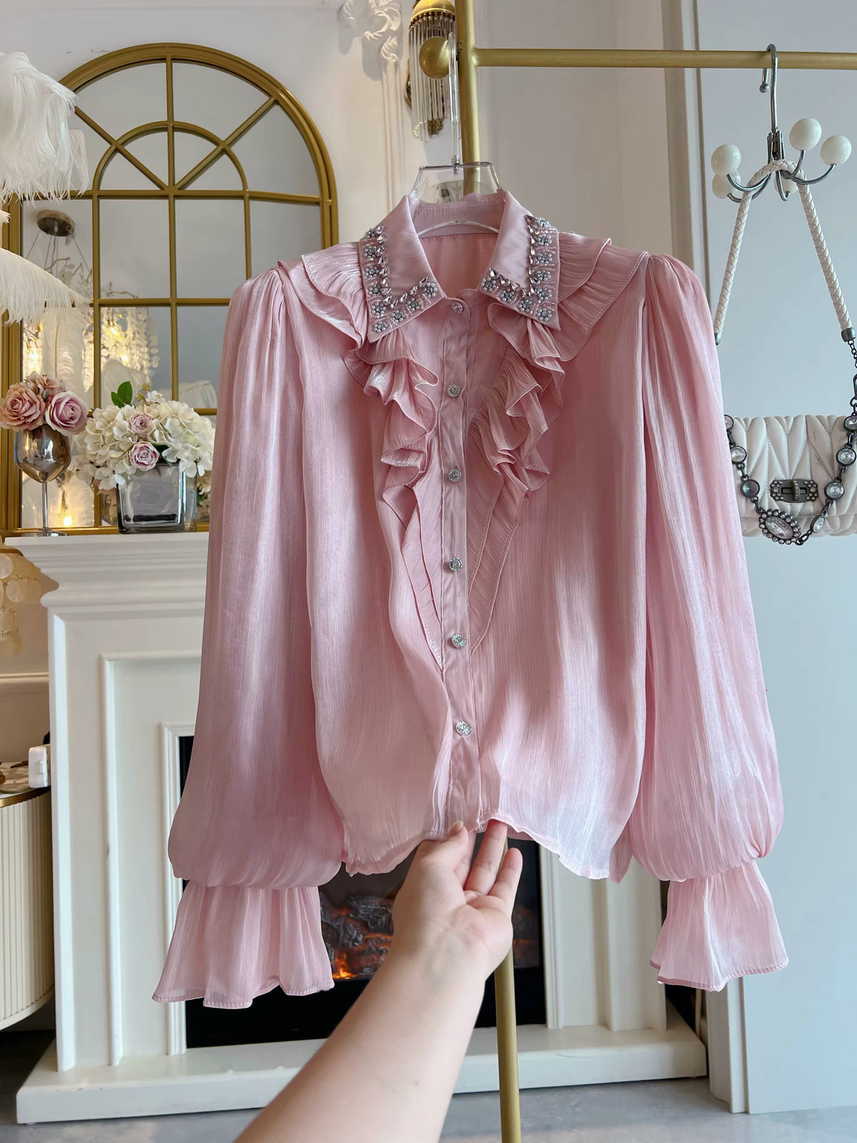 Women's Autumn/Winter 2026 Loose-Fit Long-Sleeve Chiffon Shirt – Single-Breasted, Ruffled, and Elaborately Embellished with Rhinestones