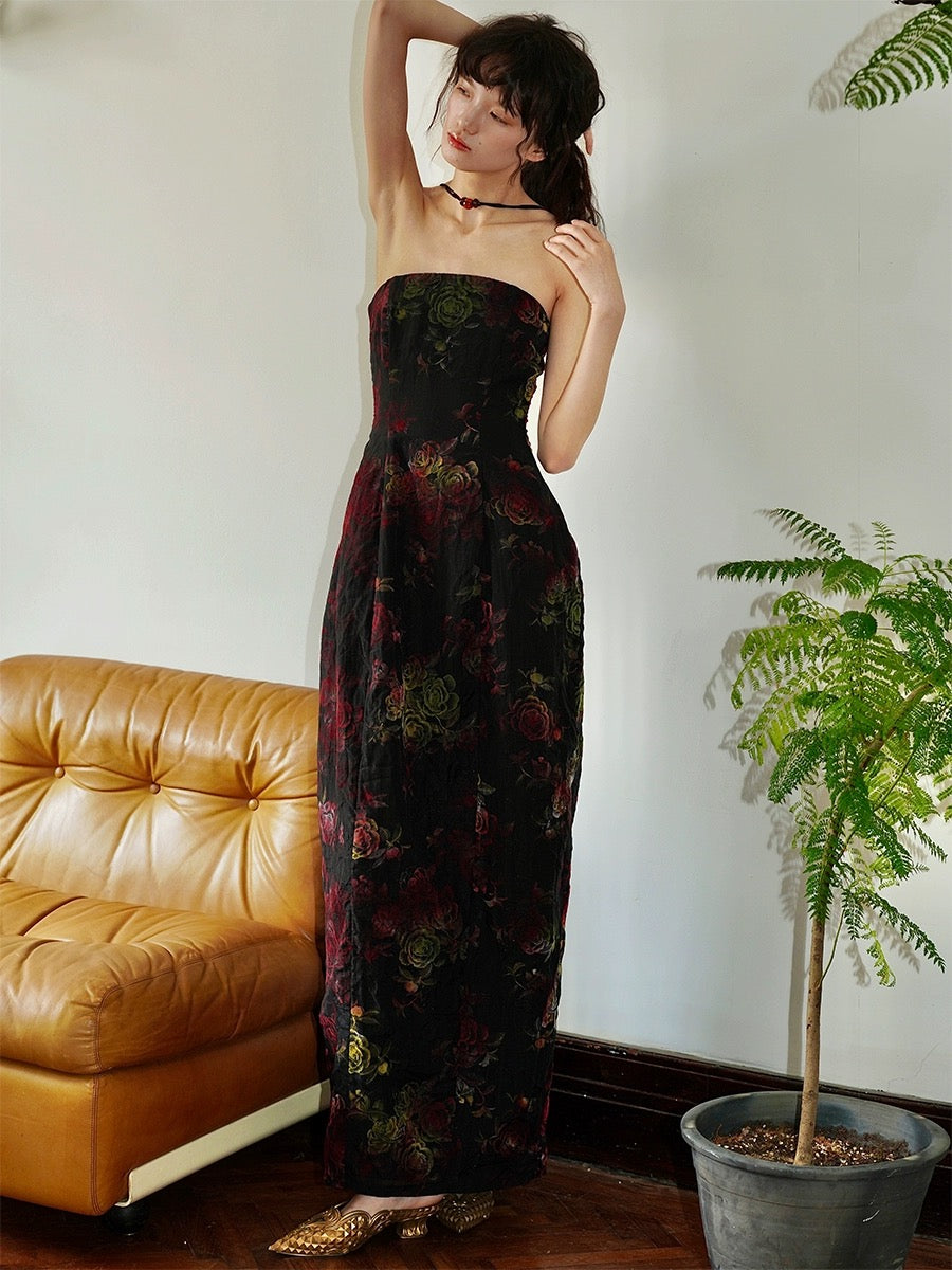 Bad Taste Western New Chinese Tencel Flocked Halter Retro Floral Suspender Dress in Stock