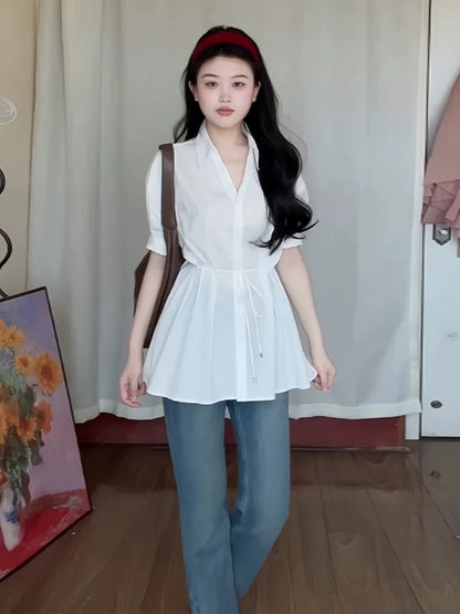 White tie waist design mid-length short-sleeved shirt blouse women's summer niche unique tops
