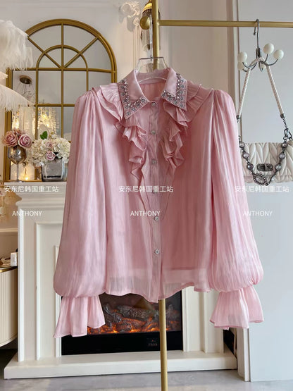 Women's Autumn/Winter 2026 Loose-Fit Long-Sleeve Chiffon Shirt – Single-Breasted, Ruffled, and Elaborately Embellished with Rhinestones