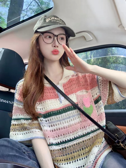 Pink striped openwork knit short-sleeved t-shirt for women, summer 2026 new style, sweet and youthful, polo collar loose top.