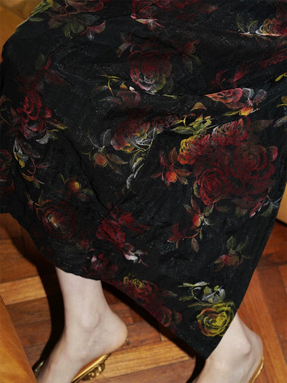 Bad Taste Western New Chinese Tencel Flocked Halter Retro Floral Suspender Dress in Stock