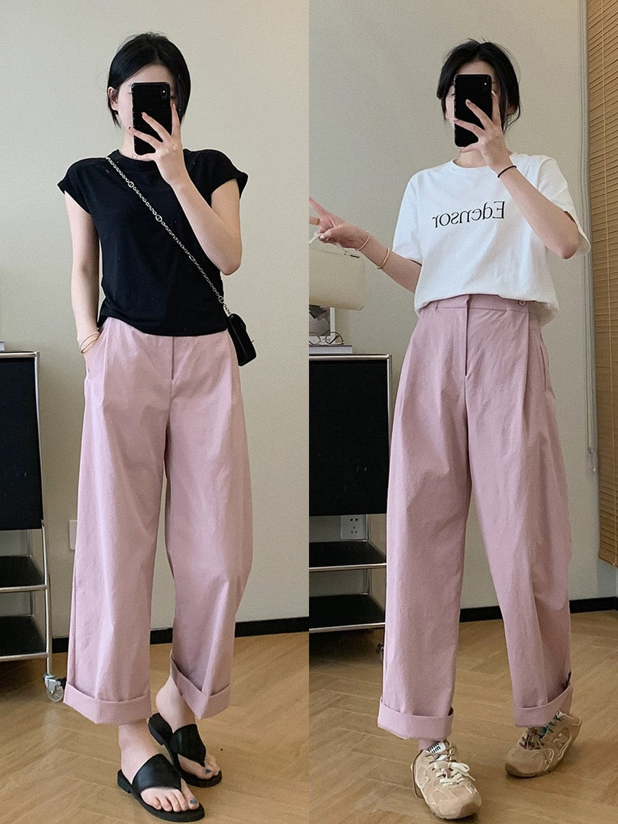 Dading homemade origami pants! Slightly wrinkled paper-like crotch-covering straight pants for women, summer loose casual pants, slimming wide-leg pants