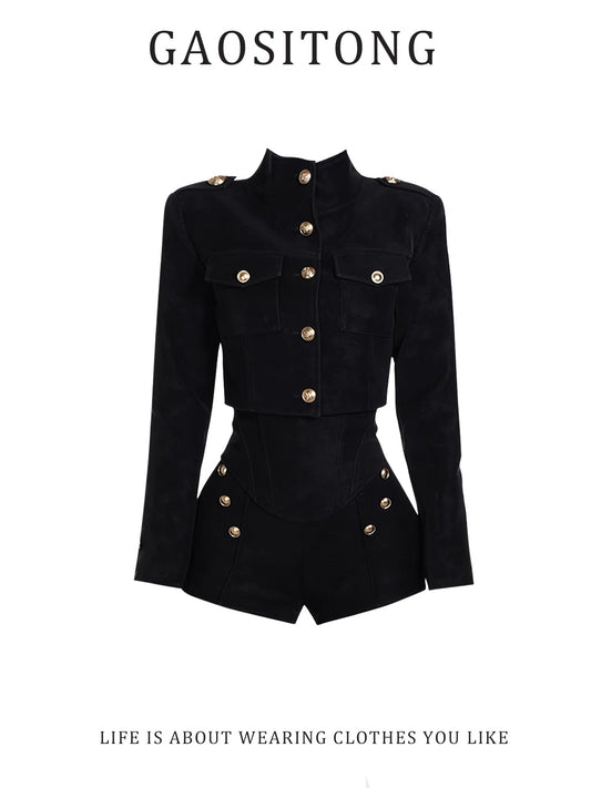 GAOSITONG British Style Stand Collar Short Jacket Women's Autumn/Winter 2025 Elegant High-Waisted Shorts Two-Piece Set
