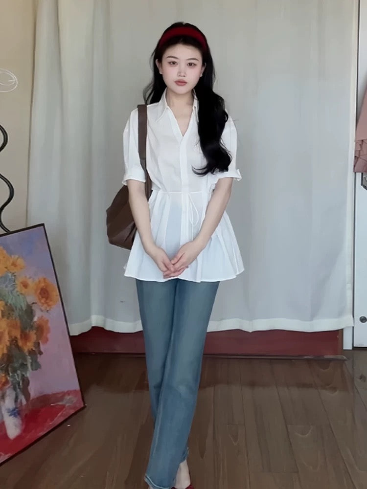 White tie waist design mid-length short-sleeved shirt blouse women's summer niche unique tops