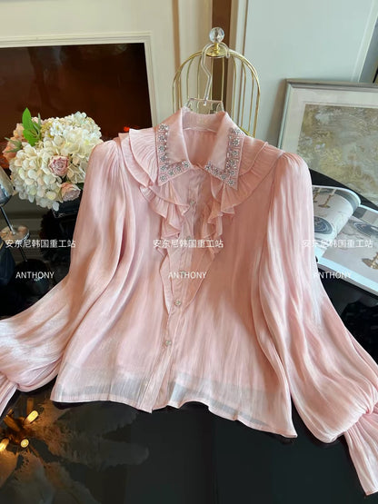 Women's Autumn/Winter 2026 Loose-Fit Long-Sleeve Chiffon Shirt – Single-Breasted, Ruffled, and Elaborately Embellished with Rhinestones