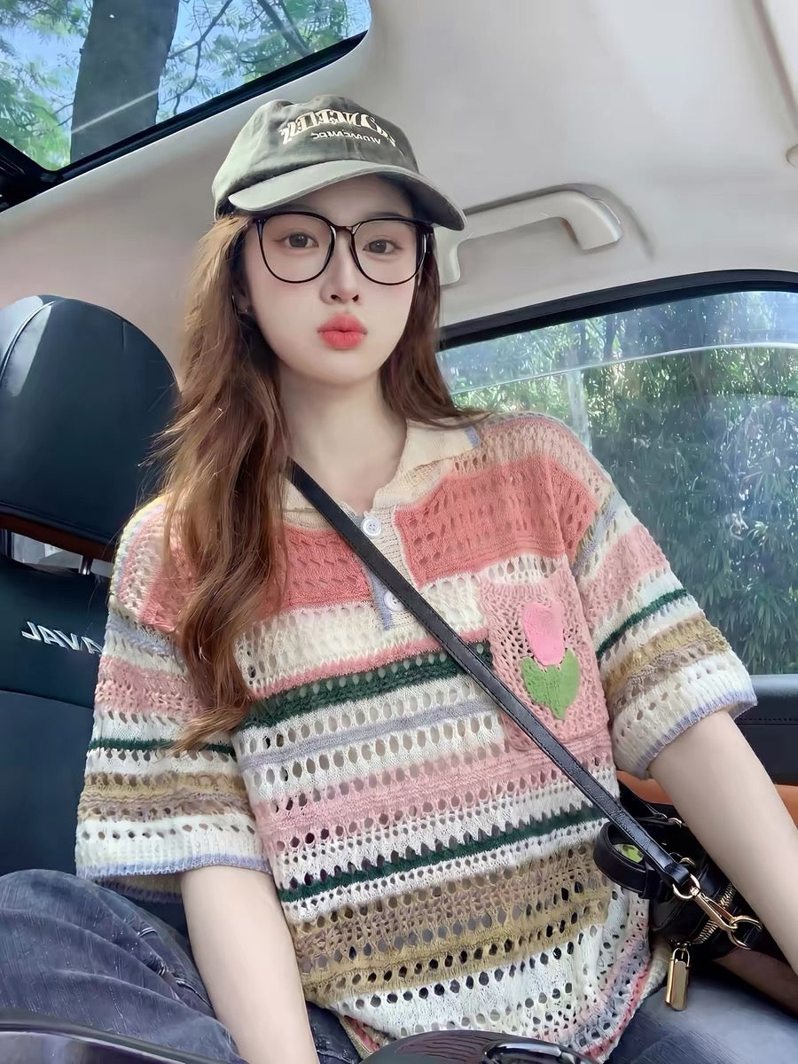 Pink striped openwork knit short-sleeved t-shirt for women, summer 2026 new style, sweet and youthful, polo collar loose top.
