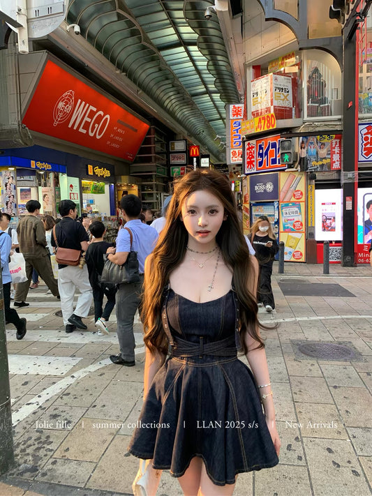 Your Lazy Llan [Bach Old Testament] Backless Off-Shoulder Belt Awning Versatile Denim Dress for Women