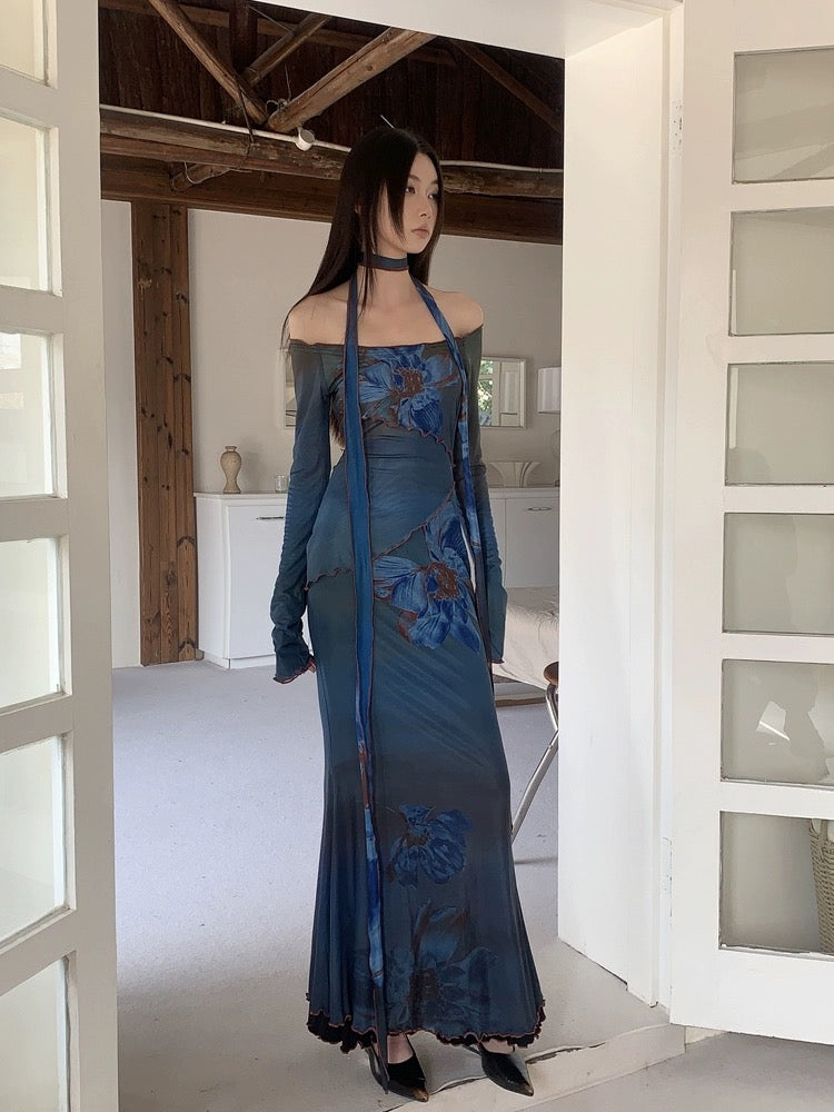 New Chinese-style printed mesh two-wear one-shoulder dress for women, high-end atmosphere, temperament, waisted fishtail long skirt