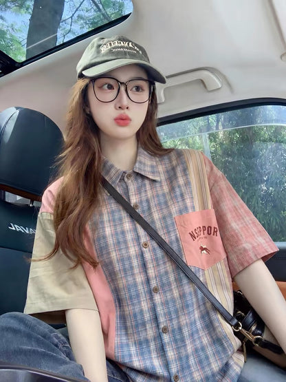 American retro plaid short-sleeved shirt for women, new summer 2026 style, color blocking, dopamine-inspired outfit, top, short-sleeved shirt