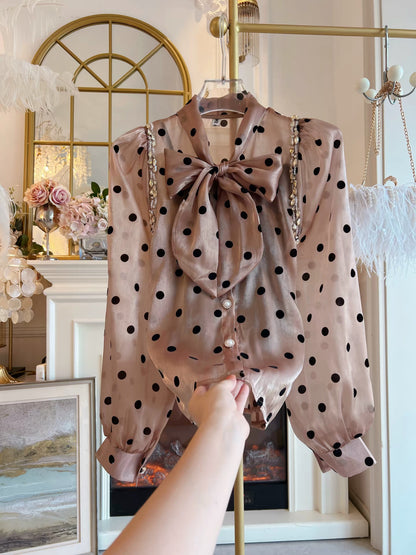 Women's Autumn 2026 Vintage Polka-Dot Chiffon Blouse – Long-Sleeve Shirt Featuring an Elaborate Rhinestone-Embellished Bow