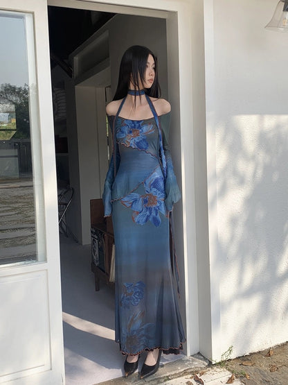 New Chinese-style printed mesh two-wear one-shoulder dress for women, high-end atmosphere, temperament, waisted fishtail long skirt