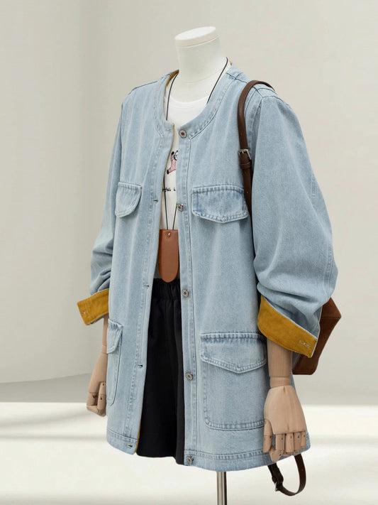 Hong Kong style retro round neck denim jacket women 2025 spring and autumn small size super good looking loose casual jacket top