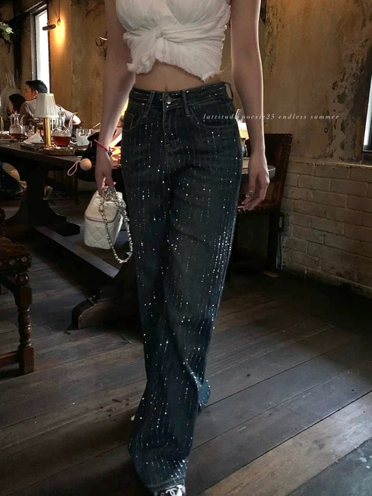 Lattitude/Yang Xiaolu Ning Luo Xinghe dark blue distressed shiny starry sky hot diamond straight jeans for women